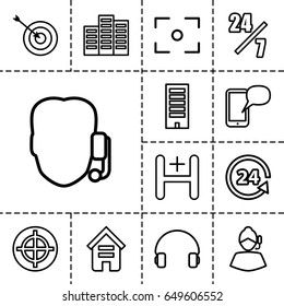 Center icon. set of 13 outline center icons such as building, target, 24 support, headset, hospital, message on phone, center focus, support