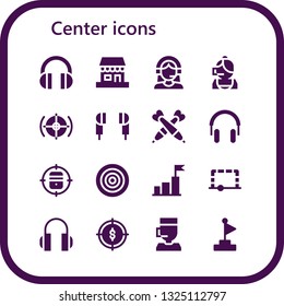 center icon set. 16 filled center icons.  Simple modern icons about  - Headphones, Shop, Customer support, Call center, Target, Earphones, Darts, Dartboard, Goal