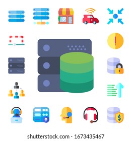conjunto de iconos centrales. 17 iconos de centro plano. Servidor incluido, objetivo, base de datos, conectado, asesorar, alojamiento, clasificación ascendente, soporte, tienda, servicio al cliente, conexión, auriculares iconos