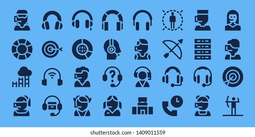 center icon set. 32 filled center icons. on blue background style Simple modern icons about  - Call center, Support, Goal, Headphones, Target, Big data, Customer service, Mall