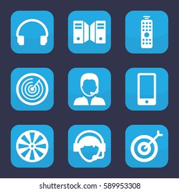 center icon. Set of 9 center filled icons such as headset, operator, support, phone, remote control, server, target