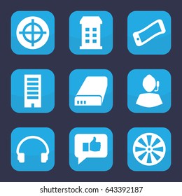 Center icon. set of 9 filled center icons such as building, headset, battery, thumb up, support, wavy phone, dart