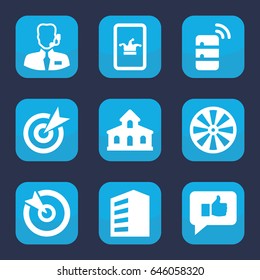 Center icon. set of 9 filled center icons such as building, poker on phone, help support, server, target, thumb up