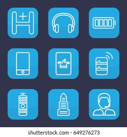 Center icon. set of 9 outline center icons such as business center, poker on phone, phone, hospital, support, headset, ful battery, remote control