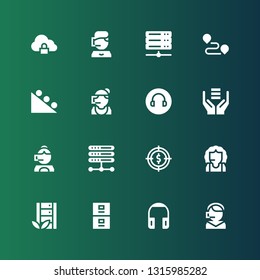 center icon set. Collection of 16 filled center icons included Call center, Headphones, Server, Target, Headphone, Gravity, Track, Cloud storage