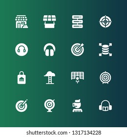 center icon set. Collection of 16 filled center icons included Headphones, Call center, Darts, Dartboard, Dart board, Goal, Goals, Shop, Server, Headphone, Store