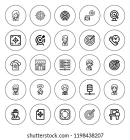 Center icon set. collection of 25 outline center icons with call center, dart board, database, goal, operator, shop, server, storage, support, service icons. editable icons.