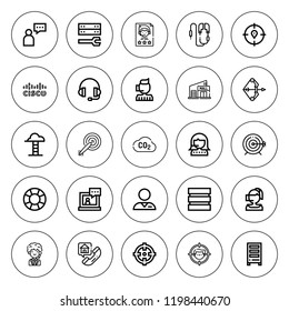 Center icon set. collection of 25 outline center icons with archery, call center, co, cisco, darts, earphone, database, goals, mall, receptionist icons. editable icons.