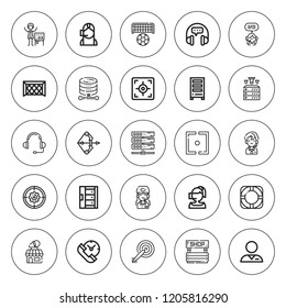 Center icon set. collection of 25 outline center icons with archery, darts, database, headset, goal, operator, receptionist, shop, server, support icons. editable icons.