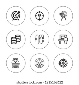 Center icon set. collection of 9 outline center icons with archery, connection, earphone, goal, operator, server icons. editable icons.