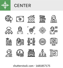 conjunto de iconos centrales. Colección de íconos de Centro de gravedad, Destino, Almacenamiento de datos, Tienda, Agente de servicio al cliente, Red en la nube, Servicio al cliente, Operador, Lubricante, Iconos Recepcionistas