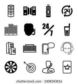Center icons. set of 16 editable filled and outline center icons such as support, 24 hours support, dart, old phone, remote control, server, business centre, building