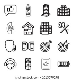 Center icons. set of 16 editable outline center icons such as business centre, support, target, 24 hours support, thumb up, operator, ful battery, remote control, server