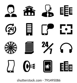 Center icons. set of 16 editable filled center icons such as building, 24 hours support, headset, support, arrows in target, message on phone, poker on phone, dart