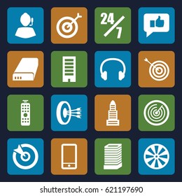 Center icons set. set of 16 center filled icons such as building, target, phone, headset, battery, remote control, thumb up, support, arrows in target, dart