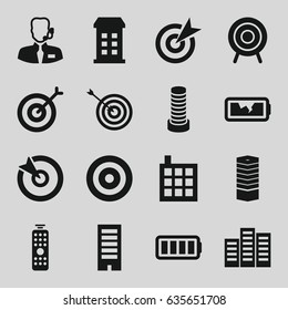 Center icons set. set of 16 center filled icons such as building, business centre, business center building, target, ful battery, broken battery, remote control
