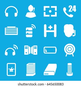 Center icons set. set of 16 center filled icons such as poker on phone, headset, hospital, target, battery, low battery, server, support