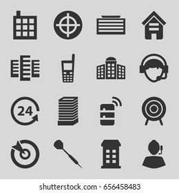 Center icons set. set of 16 center filled icons such as building, building   isolated  sign symbol, business center building, 24 support, old phone, operator, target, dart