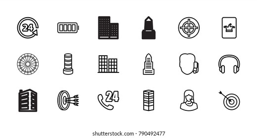 Center icons. set of 18 editable outline center icons: business centre, poker on phone, target, 24 hours support, support, headset, ful battery, arrows in target, building