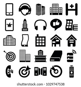 Center icons. set of 25 editable filled center icons such as building, modern curved building, business center, poker on phone, target, phone, operator, hospital, headset
