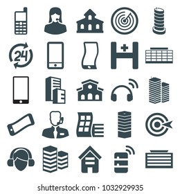 Center icons. set of 25 editable filled center icons such as building, modern curved building, business centre, business center building, wavy phone, customer support, phone