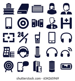 Center icons set. set of 25 center filled icons such as modern curved building, business centre, building, customer support, phone, headset, old phone, operator, hospital