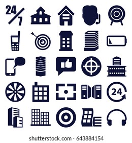 Center icons set. set of 25 center filled icons such as building, modern curved building, business centre, target, 24 support, headset, old phone, low battery