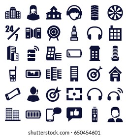 Center icons set. set of 36 center filled icons such as building, modern curved building, business centre, customer support, headset, old phone, operator, support, target