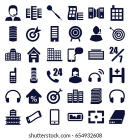 Center icons set. set of 36 center filled icons such as building, modern curved building, business centre, target, customer support, phone, headset, hospital, support, battery