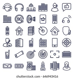 Center icons set. set of 36 center outline icons such as building, modern curved building, poker on phone, 24 support, customer support, phone, operator, headset, ful battery