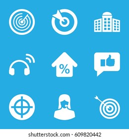 Center icons set. set of 9 center filled icons such as building   isolated  sign symbol, target, customer support, mortgage, headset