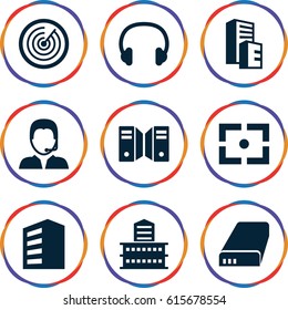 Center icons set. set of 9 center filled icons such as building, support, headset, battery, center focus, server