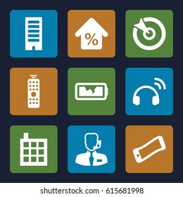 Center icons set. set of 9 center filled icons such as building, broken battery, mortgage, remote control, help support, headset, target