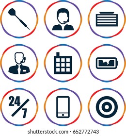 Center icons set. set of 9 center filled icons such as business center building, building, phone, support, broken battery, help support, dart, target