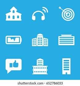 Center icons set. set of 9 center filled icons such as building, building   isolated  sign symbol, business center building, target, broken battery, headset