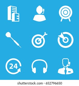 Center icons set. set of 9 center filled icons such as building, 24 support, target, headset, help support, dart