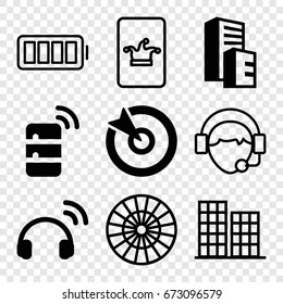 Center icons set. set of 9 center filled and outline icons such as building, server, headset, target, business center, poker on phone, operator, ful battery
