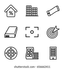 Center icons set. set of 9 center outline icons such as modern curved building, building, battery, mortgage, target