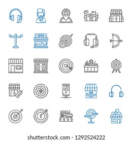 center icons set. Collection of center with shop, dart board, mall, target, darts, headphones, server, stores, receptionist, store, archery. Editable and scalable center icons.