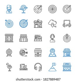 center icons set. Collection of center with store, goal, headphones, mall, dart board, shop, target, customer service, stores, server. Editable and scalable center icons.
