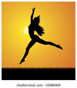 The center illustration is jumping woman. In the background the sun shines brightly. Below the grass grow.