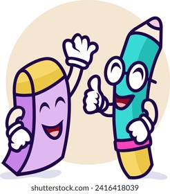 At the center of the illustration is the personified pencil, with a wide grin and mischievous eyes, engaged in a lively interaction with its sidekick, the eraser