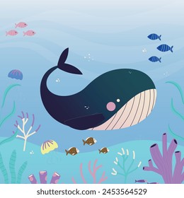 In the center of the image is a huge deep blue whale, surrounded by playful fish, jellyfish, and lively pink and purple corals. The whole scene looks relaxed and cheerful in the light blue waters.