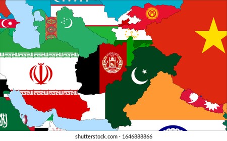 Zentriert die Karte von Afghanistan. Vektorillustration-Karten, die Afghanistan und die Nachbarländer zeigen. Flaggen sind auf den Landkarten, der neuesten detaillierten Zeichnung, angegeben.