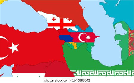 Center the map of Armenia. Vector maps showing Armenia and neighboring countries. Flags are indicated on the country maps, the most recent detailed drawing.