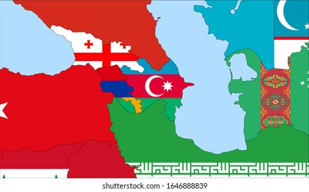 Center the map of Azerbaijan. Vector maps showing Azerbaijan and neighboring countries. Flags are indicated on the country maps, the most recent detailed drawing.