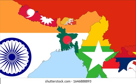 Center the map of Bangladesh. Vector maps showing Bangladesh and neighboring countries. Flags are indicated on the country maps, the most recent detailed drawing.