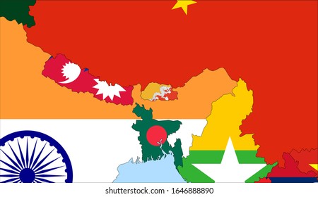 Center the map of Bhutan. Vector maps showing Bhutan and neighboring countries. Flags are indicated on the country maps, the most recent detailed drawing.
