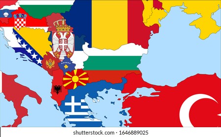 Center the map of Bulgaria. Vector maps showing Bulgaria and neighboring countries. Flags are indicated on the country maps, the most recent detailed drawing.