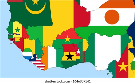 Center the map of Burkina Faso. Vector maps showing Burkina Faso and neighboring countries. Flags are indicated on the country maps, the most recent detailed drawing.